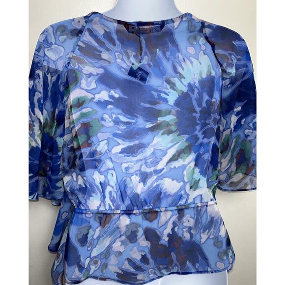 Zara Sheer Watercolor Blouse Chiffon XS Ruffles Peplum S/S Blue Colorful - Picture 3 of 7